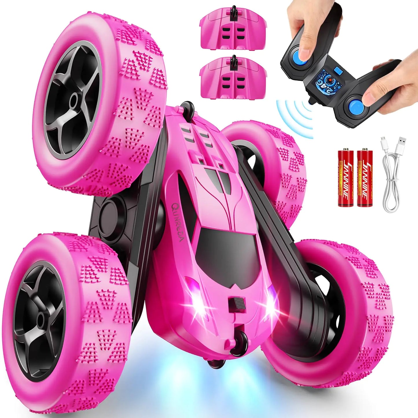 QUNREDA RC Cars Rose Remote Control Car for Girls 2.4 GHZ Double Sided RC Stunt Car 360° Rotating Remote Control Crawler with Headlights Car Toys for 6 7 8 9 10 11 12 Girls Birthday