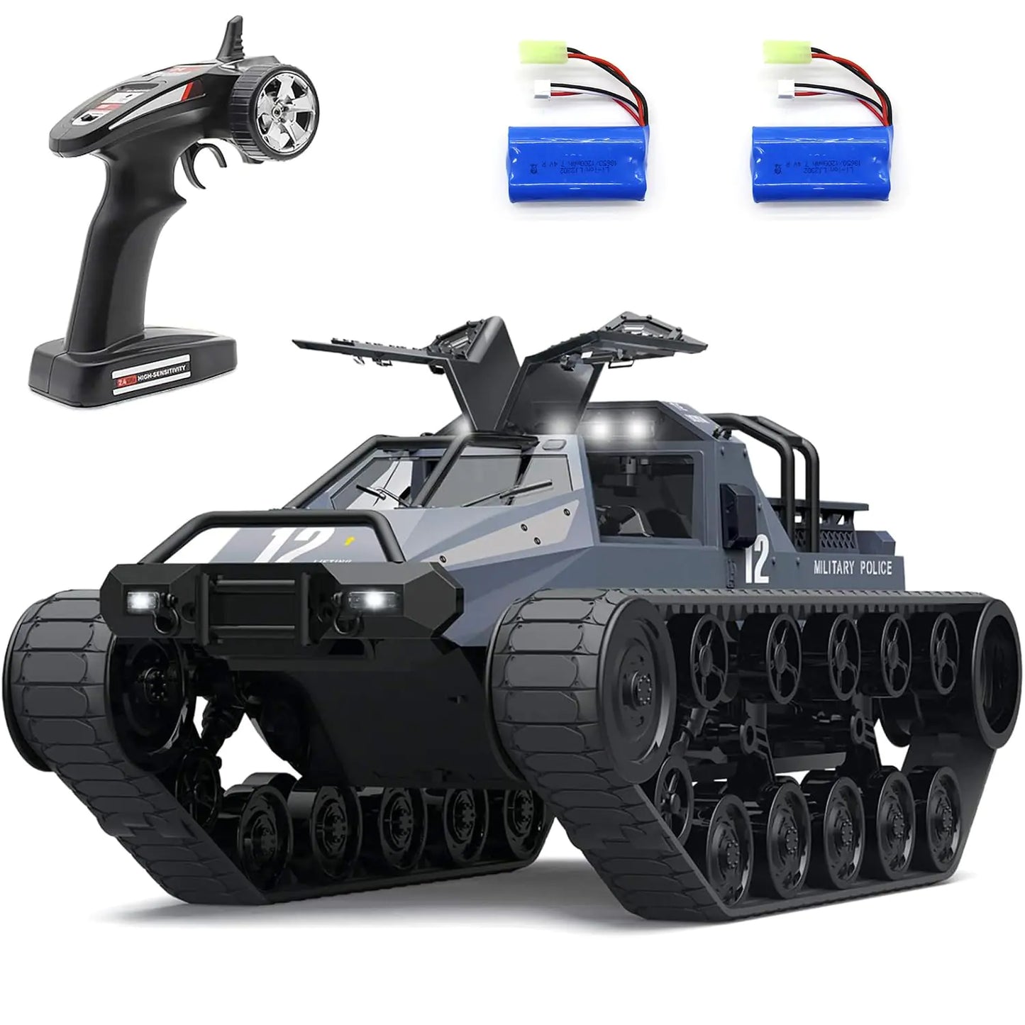 Mostop Remote Control Tank 1/12 Scale High Speed RC Tank 4WD Offroad RC Car 2.4Ghz Remote Control Crawler Drift Tank Army Truck for Kids 2 Batteries