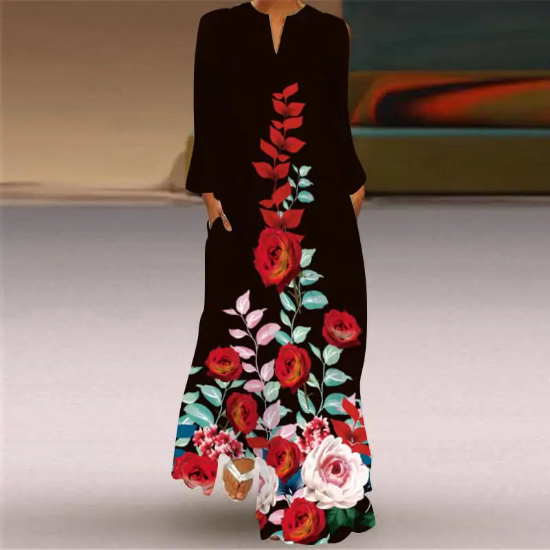 Women's V-neck Long Sleeve Pocket Dress