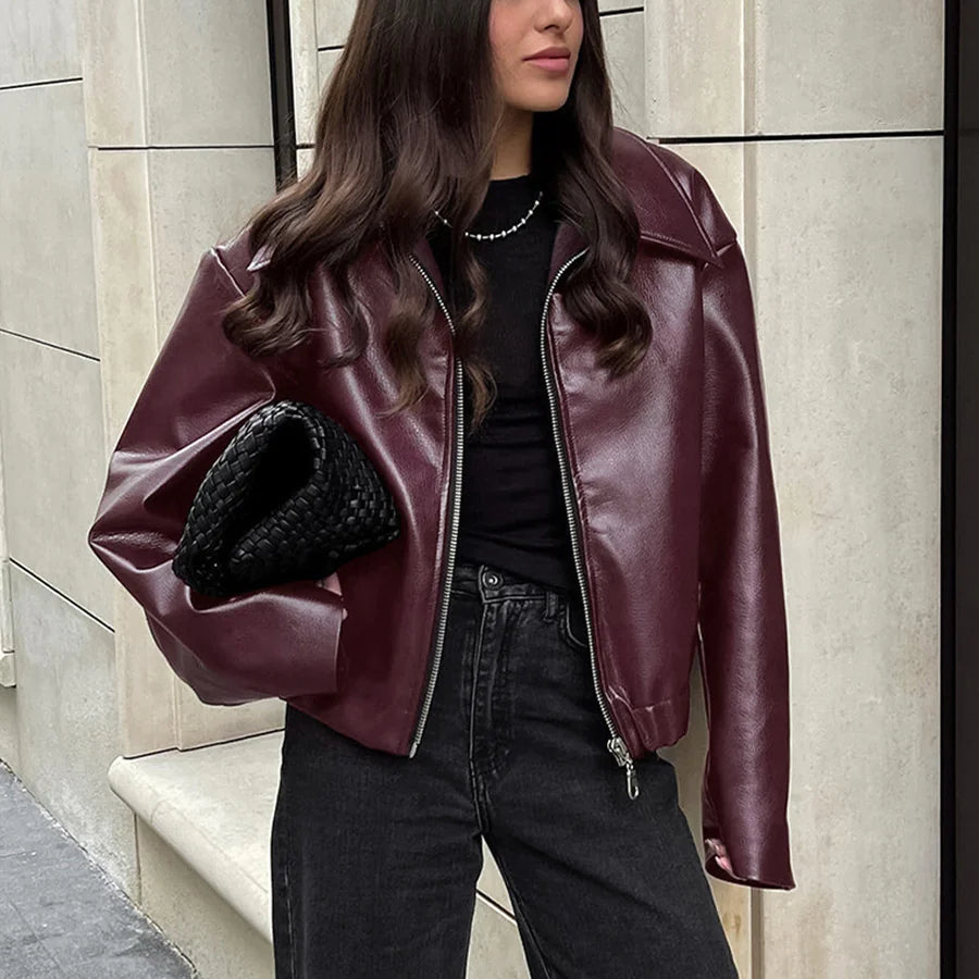 Women's Solid Color Lapel Zipper Jacket