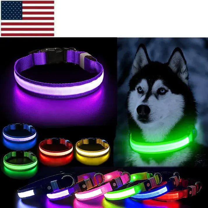 LED Adjustable Dog Collar Blinking Flashing Light Up Glow Pets Safety Waterproof