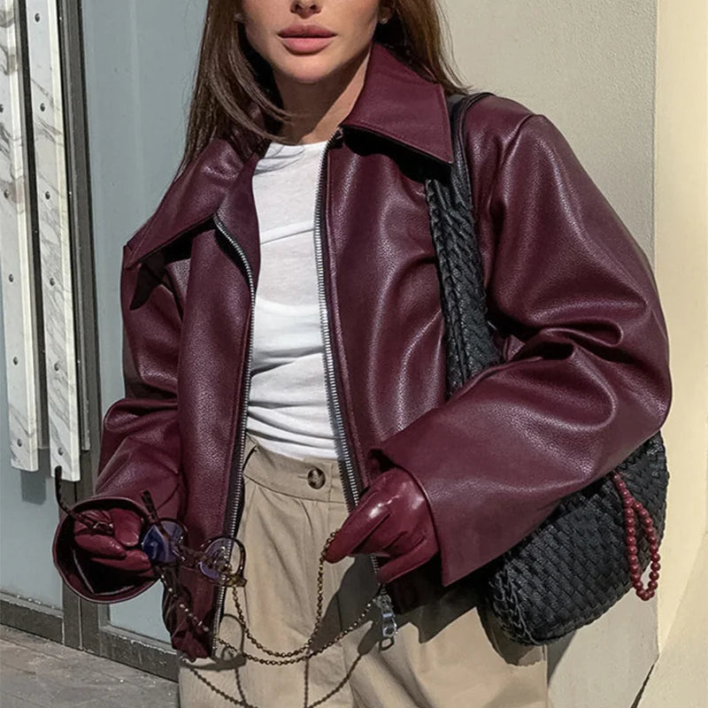 Women's Solid Color Lapel Zipper Jacket