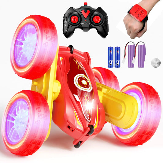 RC Stunt Cars Gesture Sensor Remote Control Car 4WD Remote Control Monster Trucks 2.4Ghz RC Rock Crawler with Headlights Wheel Lights Double Sided 360° Flips RC Car Toys for Kids Boys Girls (Red)