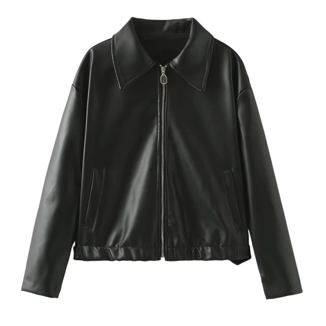 Women's Solid Color Lapel Zipper Jacket